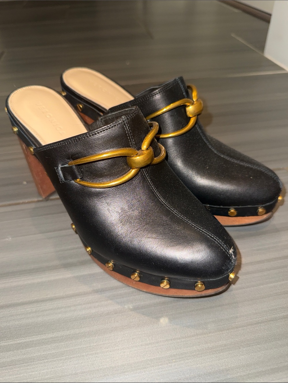Veronica Beard Black Leather Studded Mule Clogs with Gold Hardware
